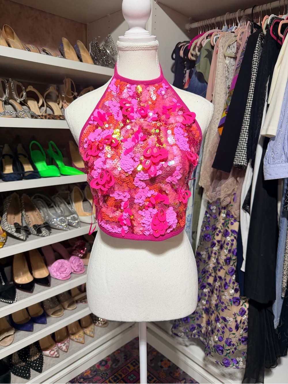 Zara Hot Pink Sequin Halter Crop Top